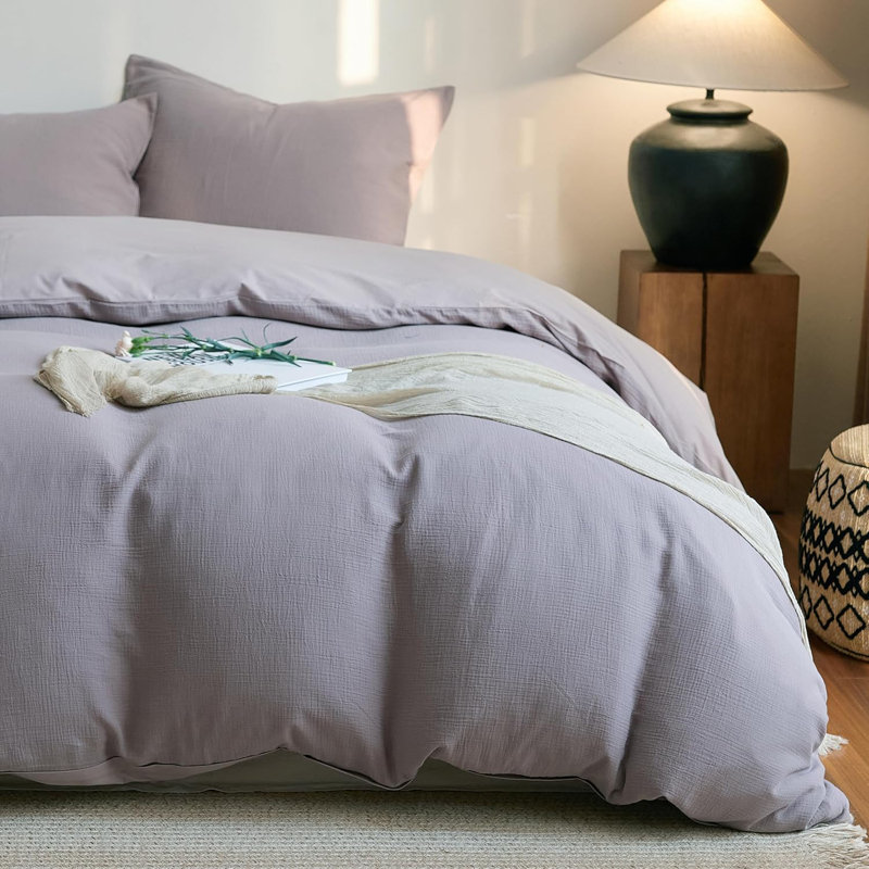 Ensemble de housse de couette en mousseline 100% coton lavé pour toutes les saisons, Gris, café