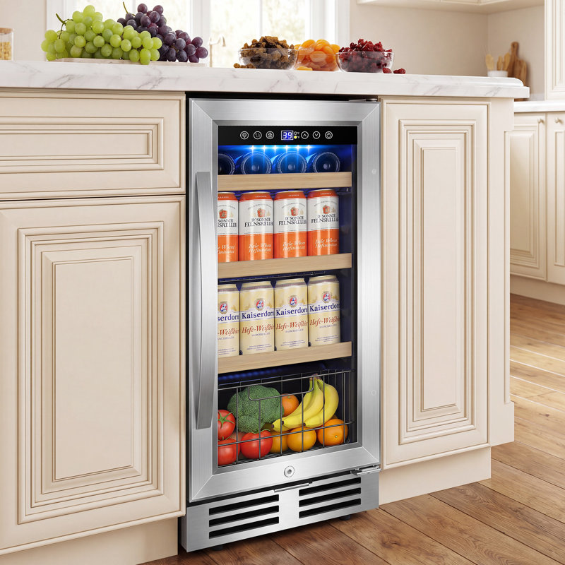 15" 165 Cans Built-In and Freestanding Beverage Refrigerator Beer Drink Cooler with Reversible Glass Door,Blue LED and Safety Lock