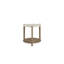 Table d'appoint en pierre au fini caramel, design compact idéal pour les petits espaces, grande durabilité, polyvalente pour la lecture et le salon. Profondeur : 63,5 cm, hauteur : 65,1 cm. Pied en bois teinté. Forme arrondie. Convient aux petits espaces intérieurs. Robuste.