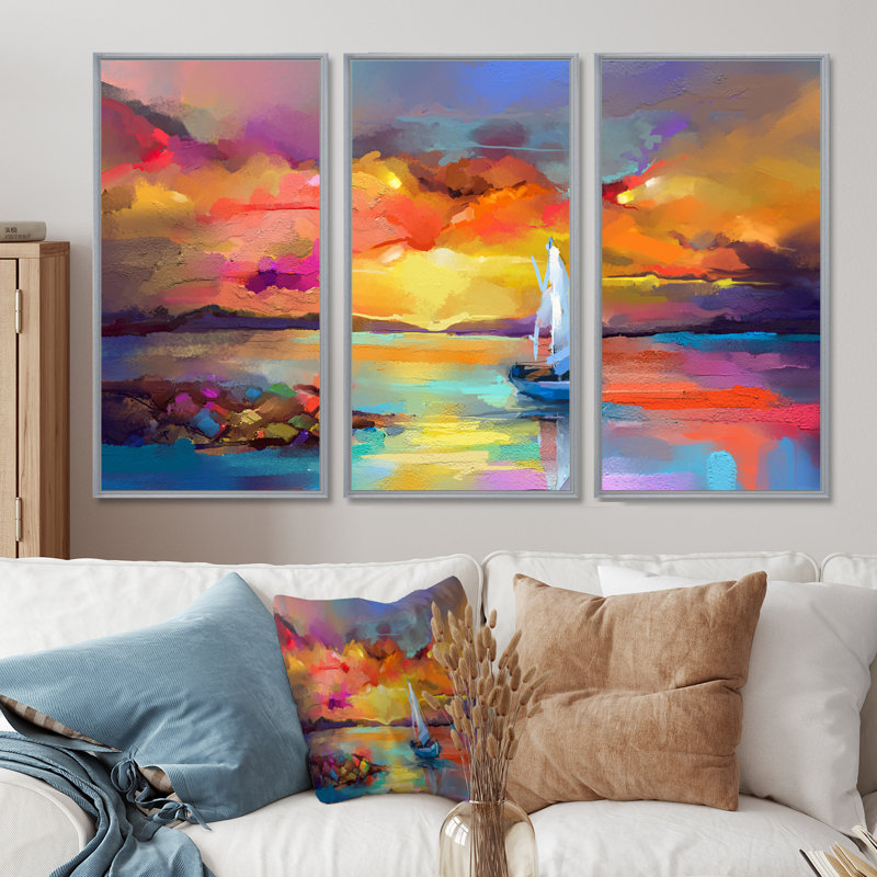Peinture au coucher du soleil avec des reflets colorés II - ensemble de 3 reproductions sur toile, H 32 po x l 48 po