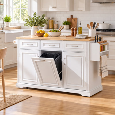 64.6" Kitchen Island Cart with Trash Can Storage, Embossed Texture Rolling Kitchen Cart on 4 Wheels with 2 Doors & 3 Drawers, Island Table with Drop Leaf & Power Outlet