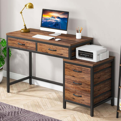 Bureau d'ordinateur 51 po réversible avec 5 tiroirs et classeur, bureau à domicile rustique avec support pour imprimante, table d'écriture industrielle avec rangement pour petits espaces