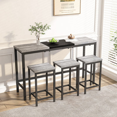 Table de salle à manger de cuisine et 3 tabourets, plateau de table épissure unique, structure en métal, design à économie d'espace gris et noir avec structure, tabouret suspendu pour un rangement pratique, plateau de table à blocage de couleur attrayant