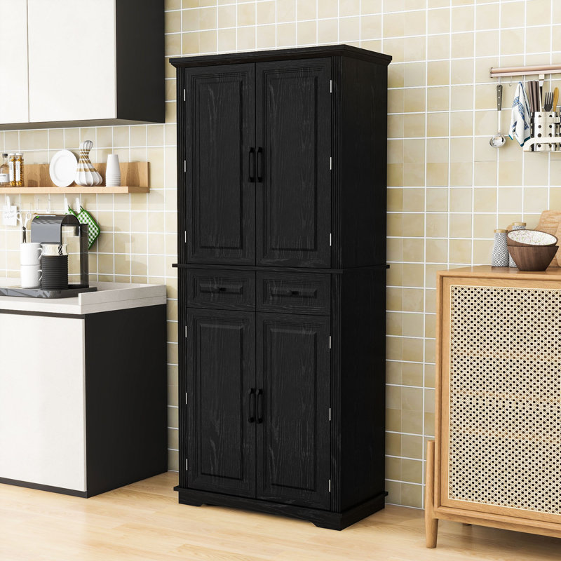 Grande armoire de cuisine rustique avec tablettes réglables, organisateurs coulissants et support de porte, Noir