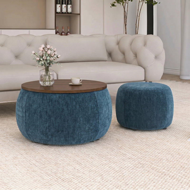 Round Storage End Table With Small Seat, Blue, Brown
