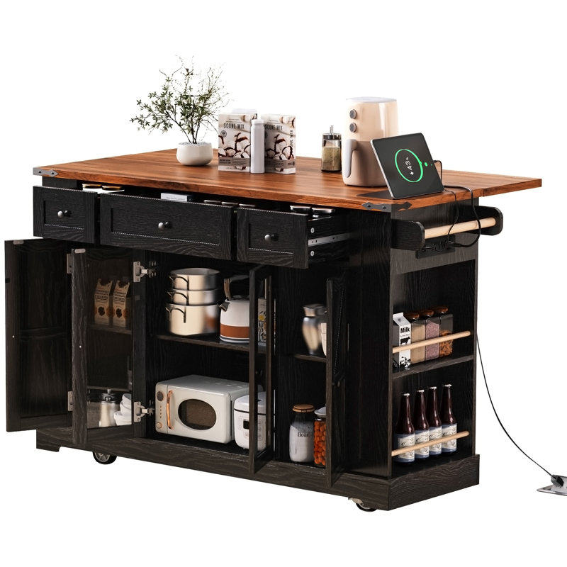 Îlot de cuisine 53 po avec deux portes d'armoire en verre trempé, Blanc