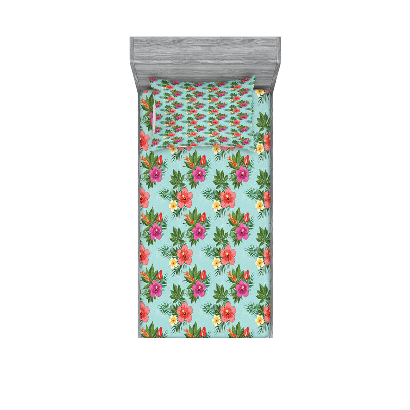Ambesonne Hawaii Fitted Sheet & Pillow Sham  Set,  Multicolor, Twin Sheet Set with 2 Pillowcases