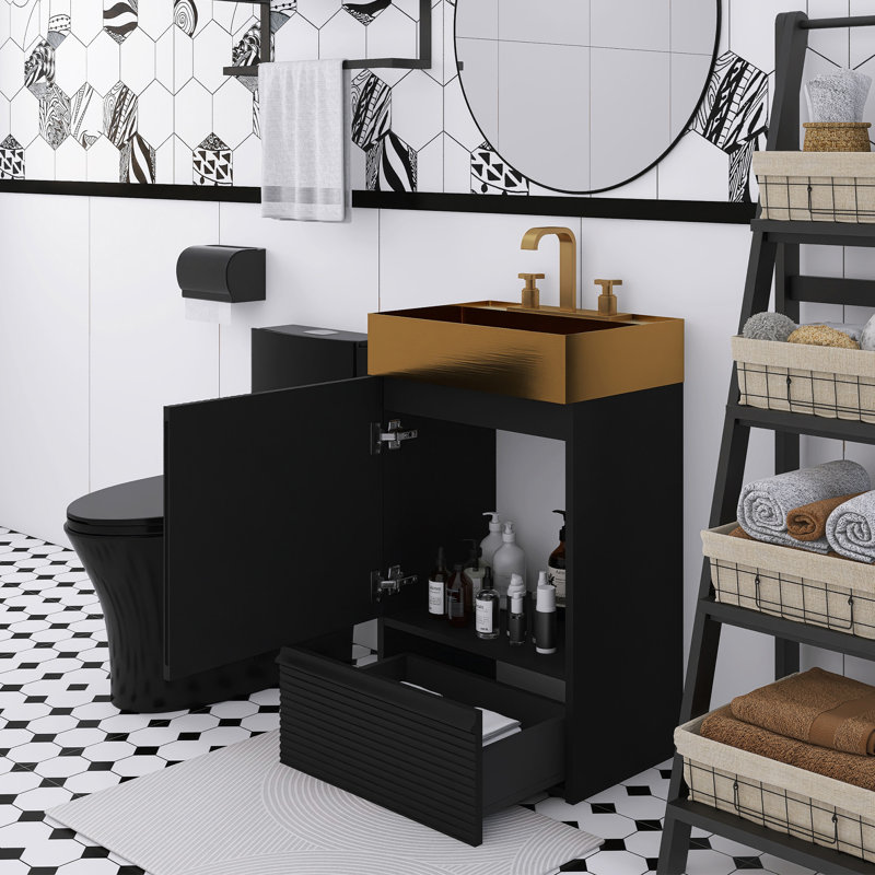 Meuble-lavabo autoportant à rayures 20 po avec lavabo intégré en acier inoxydable 304 brossé, Noir matière