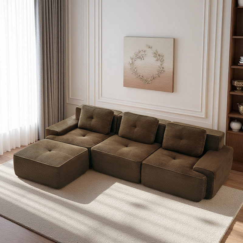117.3” Boneless Couches For Living Room, Modular Sectional Sofa With L-Shape Chaise, 2 Seater Comfy Upholstered Loveseat Deep Seat Corduroy Fabric Cloud Couch No Assembly, Anti-Slip Design​