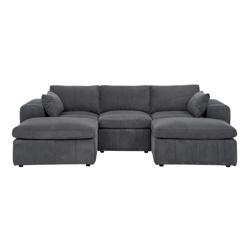 Large Arms Cordory Upholstered Modular Sectional With 2 Ottomans, Dark Gray