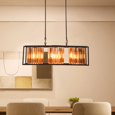 3-Light Kitchen Island Rectangle Pendant Light Crystal Chandelier