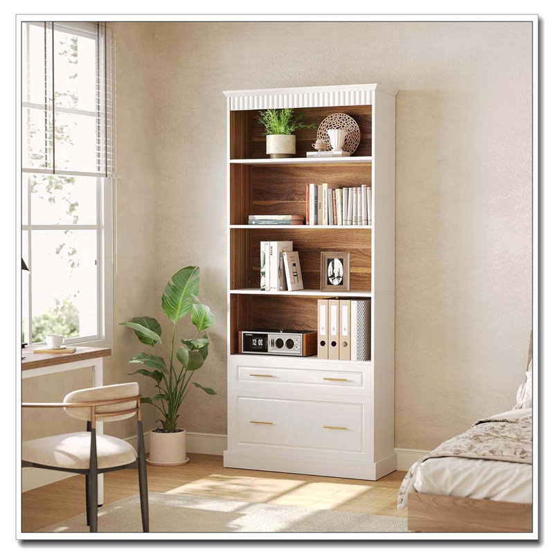 72.83" 5-Tier White Bookcase With 2 Drawers Storage Organizer For Living Room