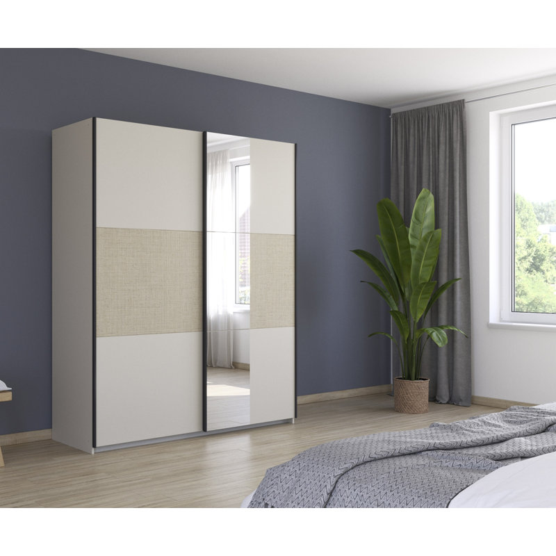 Wardrobe, sliding door wardrobe SENJA with a rattan look and a mirror, MADE IN GERMANY, 210cm H x 175cm W x 59cm D