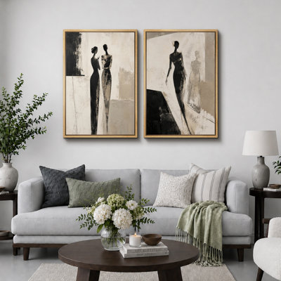 Black White Fashion Silhouette Artwork, Living Room Pictures, Framed Canvas Giclee Print 2 Pieces Wall Art
