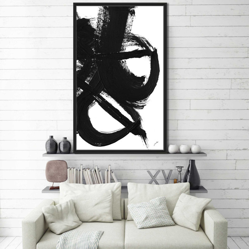 «Noir Strokes II» par Gina Ritter, H 51,5 po x l 31,5 po x P 2 po, Cadre flottant noir
