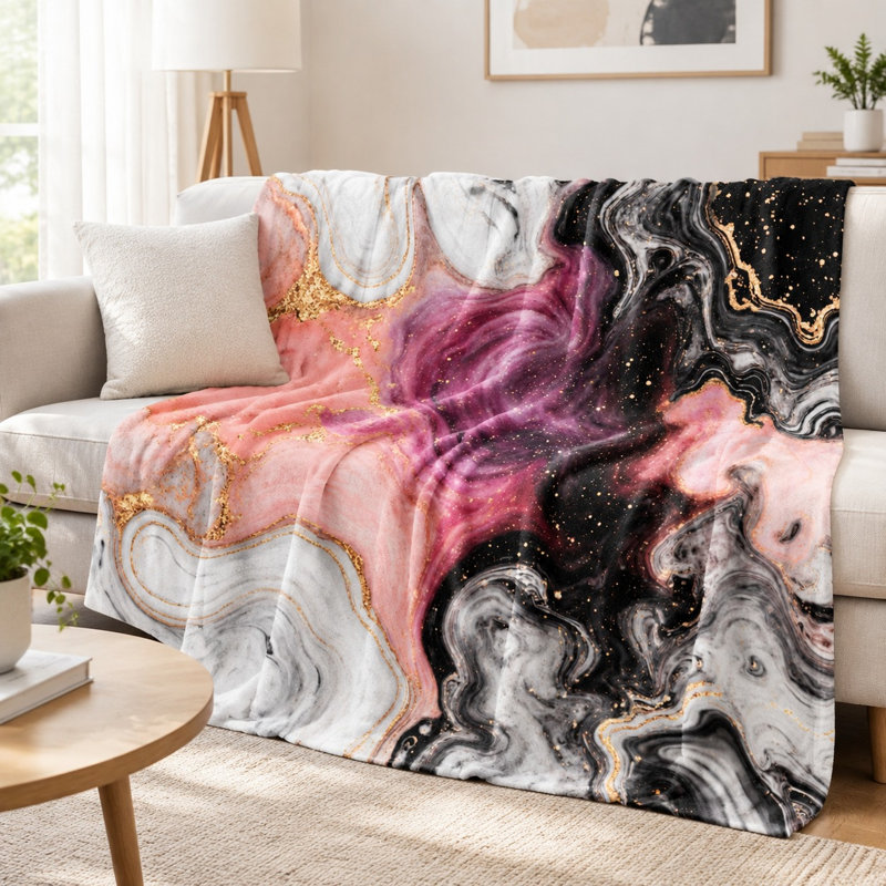 Plaid en flanelle à motif marbré doux et confortable - Rose, noir et or tourbillonnants, ultra doux, léger, respirant, toutes saisons, agréable pour la peau, lavable à la machine, décoratif, pour canapé, fauteuil, salon et chambre
