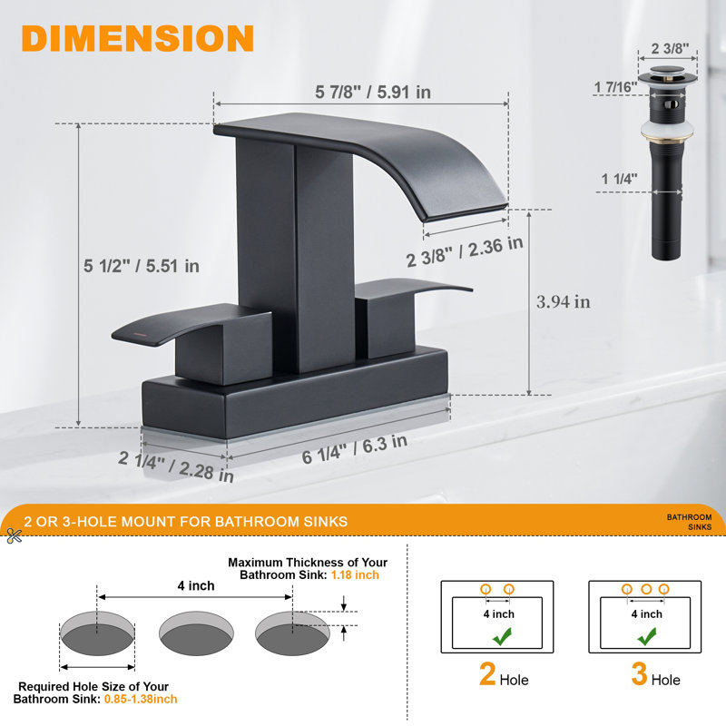 Robinet de lavabo pour salle de bain à poignée double 4 pouces avec ensemble de bonde avec drain, Noir mat