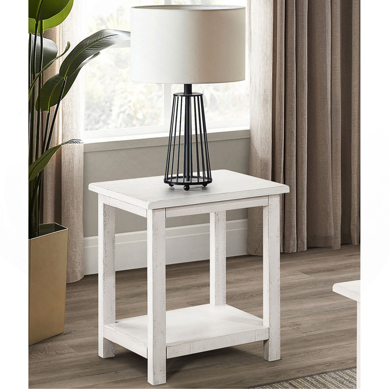 Table de bout en bois avec tablette, blanc vieilli, Blanc