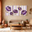 Plantes et fleurs fleurs mauves avec feuilles dorées sur fond rayé, ensemble de 3 impressions d'art sur toile-552758420