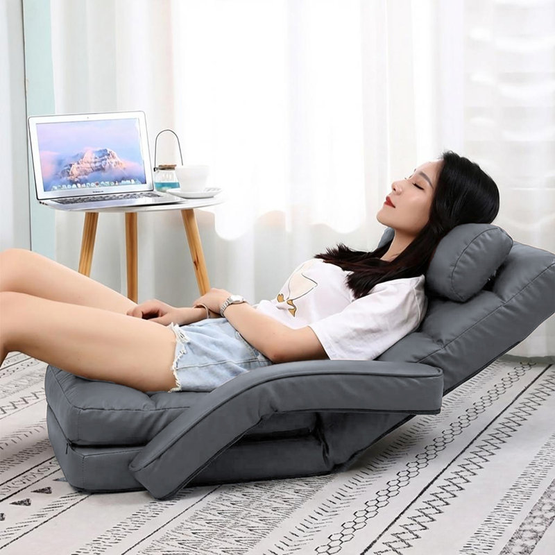 Reclining Floor Gaming Chair Foldable Chaise Lounge Game Chair For Adults With Armrest, PU-Gray