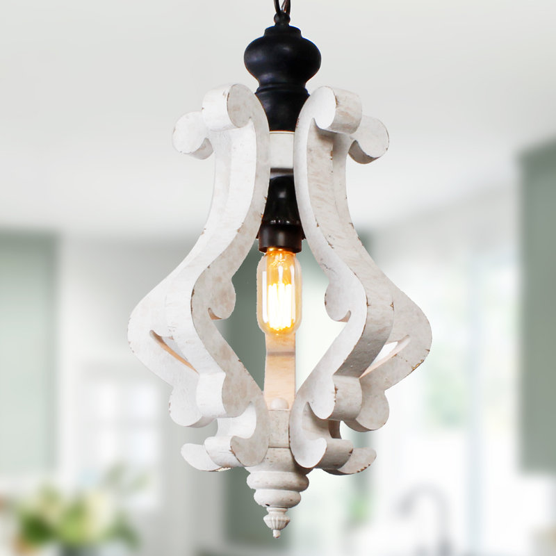 Farmhouse Cottage 1-Light Wood Chandelier With Adjustable Chain For Kitchen Island, Distressed White
