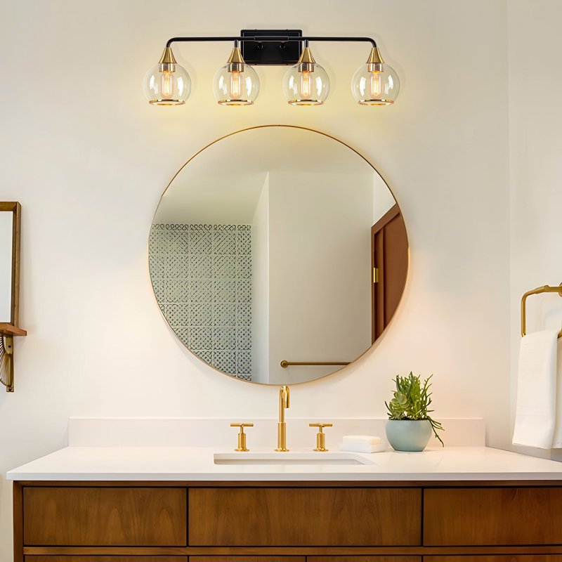 4-Light Modern Clear Globe Glass Shades Vanity Light, Matte Black/Gold