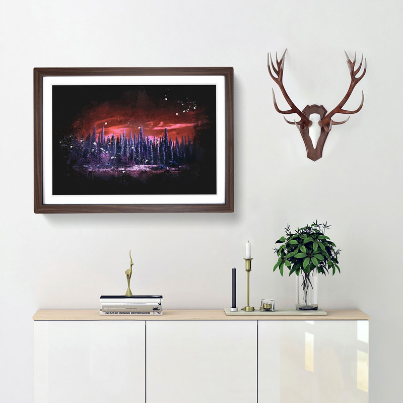 Cypress Trees Paint Splash - Framed Print, 45cm H x 63cm W x 2cm D, Walnut Framed