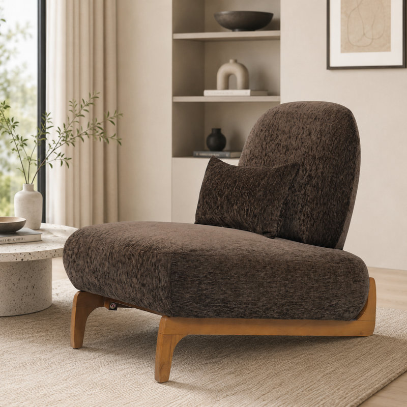 Dark Brown Armless High-Back Lounge Chair with Solid Wood Curved Base, Linen Pad, and Lumbar Support