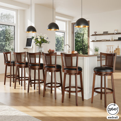 Tabouret de bar pivotant rembourré de 76 cm (30 po) avec cadre en bois massif et siège en similicuir pour la cuisine (ensemble de 6)