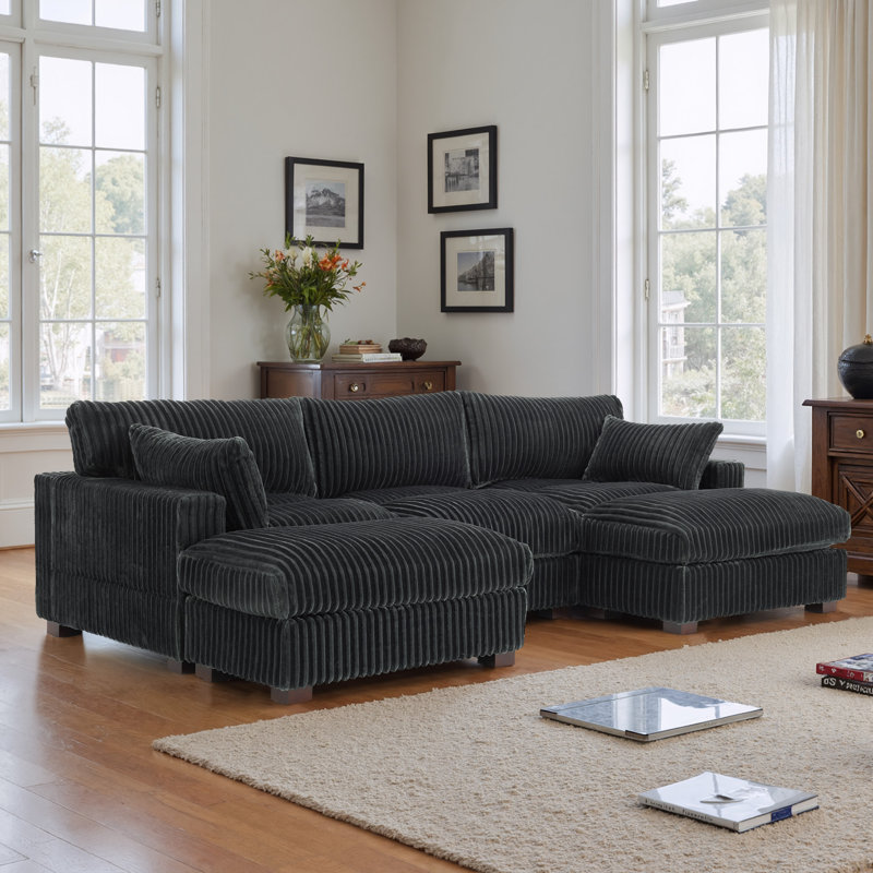5 - Piece Upholstered Gray Faux Rabbit Fur Flannel Reversible Modular Sofa Living Room Sectional Couch with Ottoman