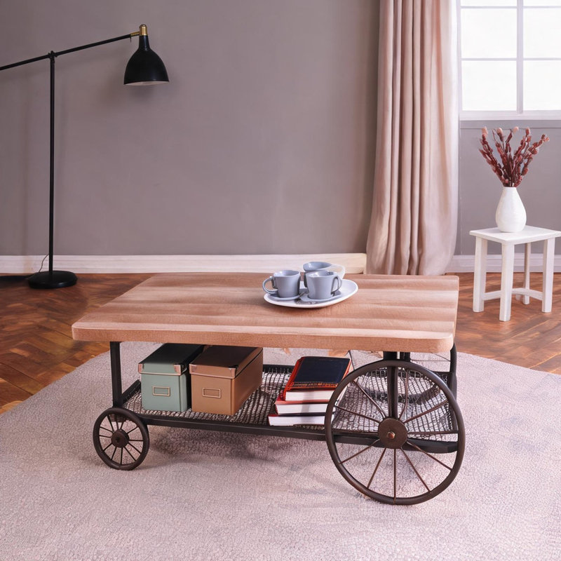 Table basse rustique industrielle avec tablette de rangement ouverte et roulettes, finition chêne et gris antique