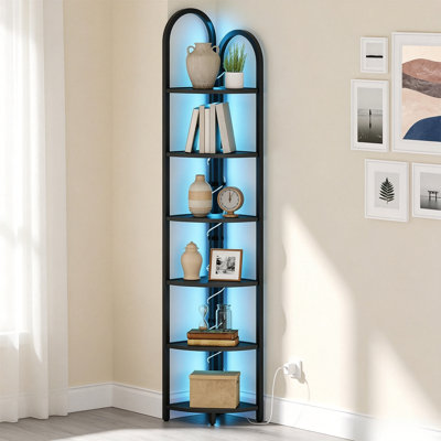 6-Tier Corner Shelf with LED Lights – Narrow Metal Frame Corner Bookshelf for Living Room, Bedroom, Small Spaces