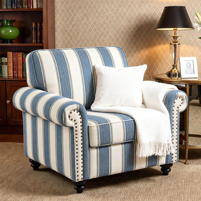 Upholstered Cotton Blend and Herringbone Armchair, Stripe Navy