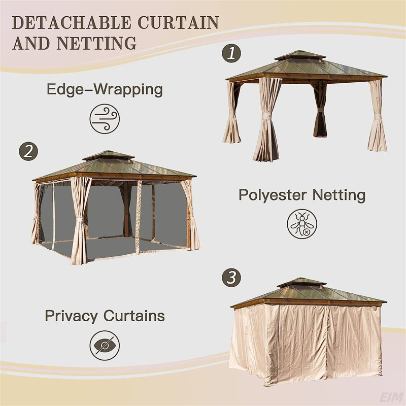 Hardtop Gazebo, Permanent Outdoor Gazebo With Polycarbonate Double Roof, Aluminum Gazebo Pavilion With Curtain And Net For Garden, Patio, Lawns, Deck, Backyard