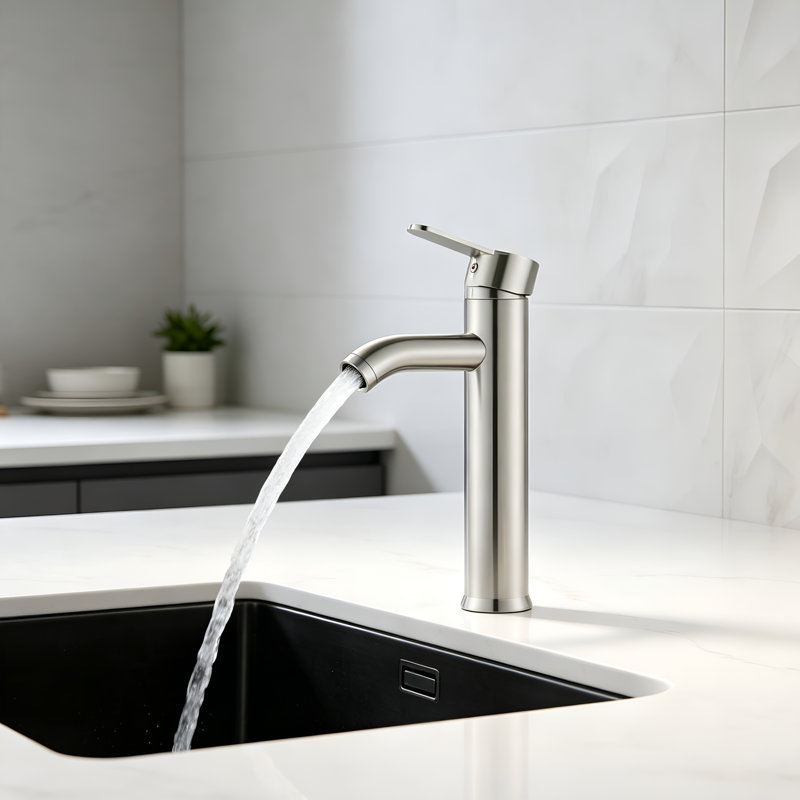Robinet de lavabo vasque à bec haut avec poignée unique, robinet de salle de bain en acier inoxydable SUS304 avec bonde clic-clac SUS304, installation facile en 15 minutes.