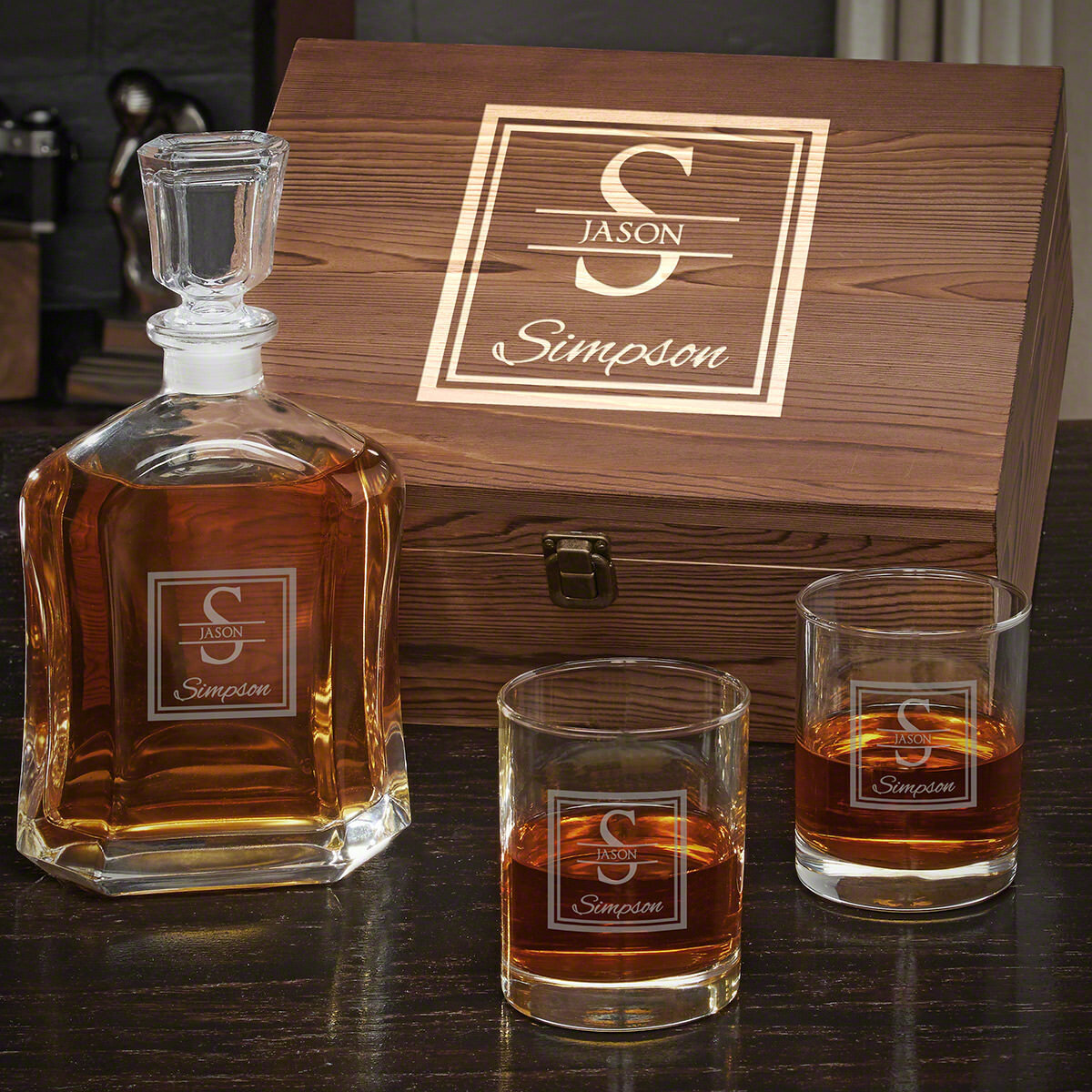 Personalized Whiskey Gift Set - Engraved Decanter, Glasses, and
