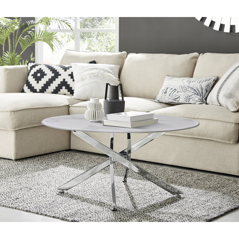 Cesarino Marble Effect Round Coffee Table - Glass Topped Metal Leg Centre Table, White, Silver