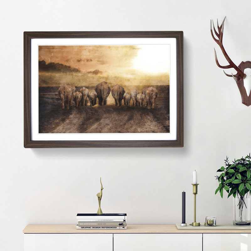 Herd of Elephants on a Dusty Road - Framed Print, 24cm H x 33cm W x 2cm D, Walnut Framed