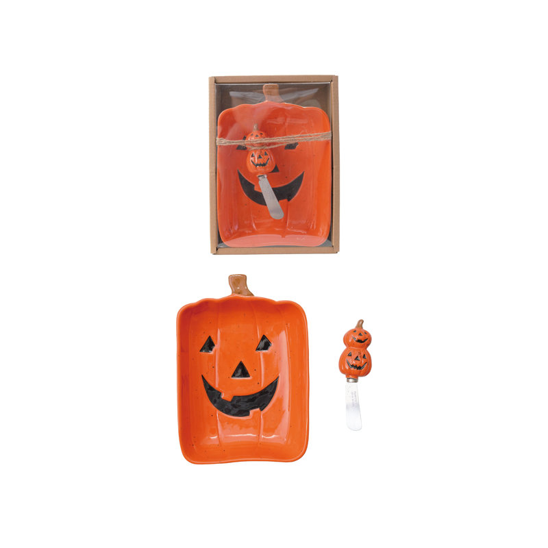Stoneware Jack-O-Lantern Shaped Dish with Canape Knife