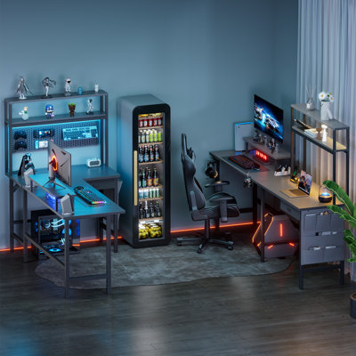 L Shaped Desk with LED Light & Power Outlet, Reversible Corner Gaming Desk with Storage Shelves & Drawer, Computer Table with Monitor Stand for Home Office, Work & Study,L Shape Set 2 Desks & Storage Shelf
