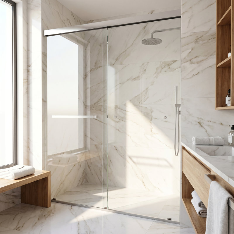 VIGO Satro E-Class 52"–60" W x 74" H Semi-Frameless Double Sliding Shower Door in Chrome with Clear Tempered Glass, Chrome