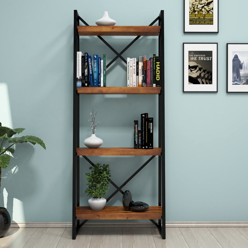 Bibliothèque moderne en noyer avec cadre en métal, 25,9 x 59,1 x 11,8 pouces | Fabrication 100% bois de pin | Conception murale, plusieurs tablettes pour un rangement supplémentaire | Élégant et fonctionnel pour la décoration de la maison ou du bureau