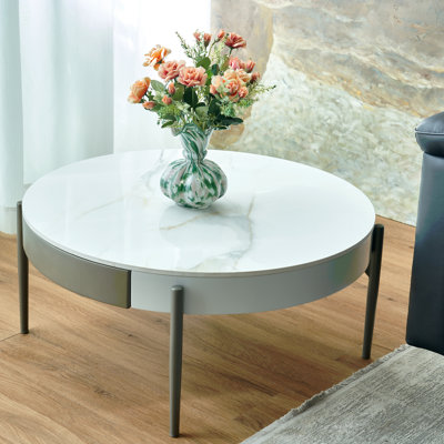 Table basse moderne ronde et en bois véritable avec tiroirs et pieds en métal, table basse cylindrique avec pieds et centre circulaire avec plateau en céramique pour le salon