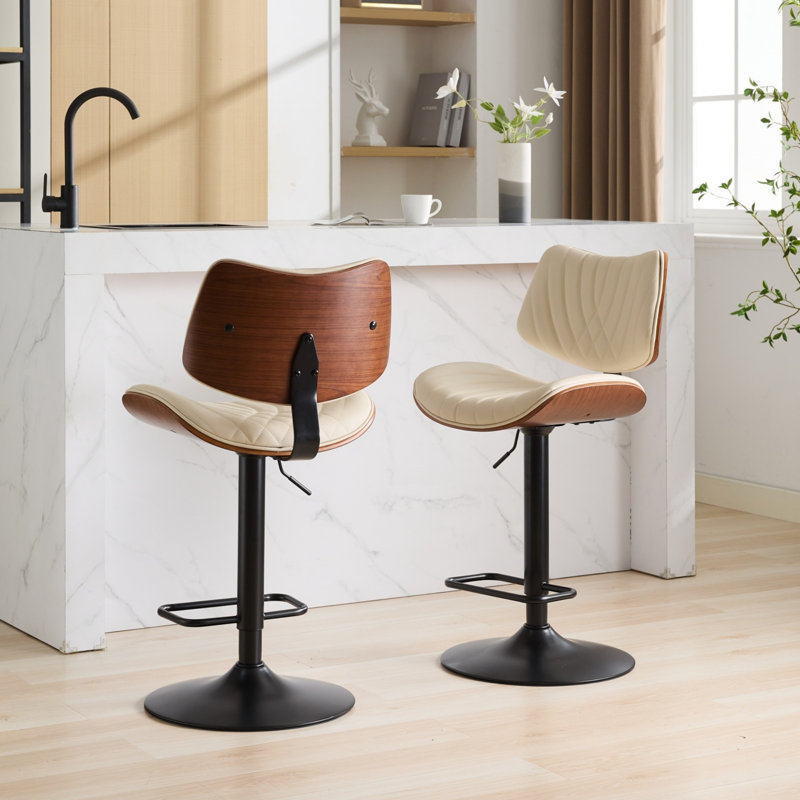 Walnut Bentwood Bar Stools With Faux Leather, Mid Century Modern Adjustable Counter Height, 360° Swivel, Ideal For Kitchen And Dining Areas