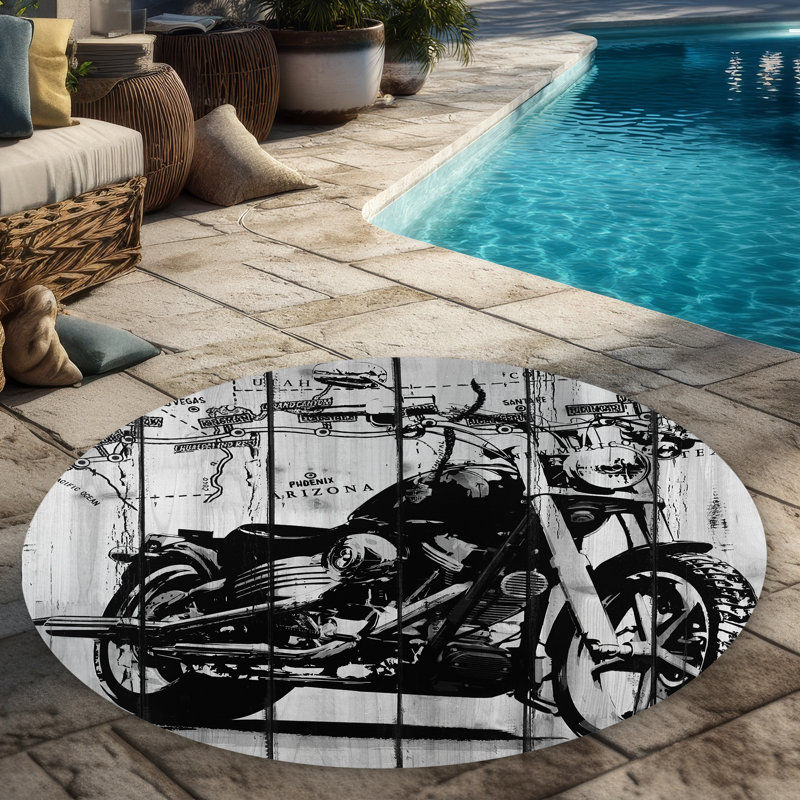 Motorcycle Gray Round Outdoor Area Rug | Home Decor