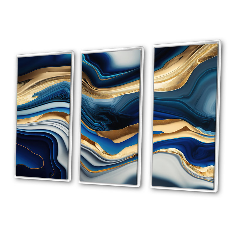 «Bannister Lunell Vibrant Blue and Gold Agate II», reproduction de 3 pièces, Cadre blanc, H 32 po x l 48 po x P 1 po
