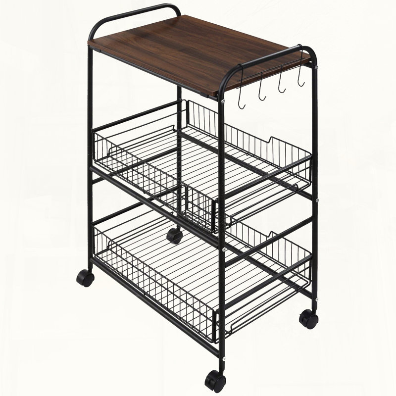 Walnut 3-Tier Rolling Kitchen Cart with Baskets