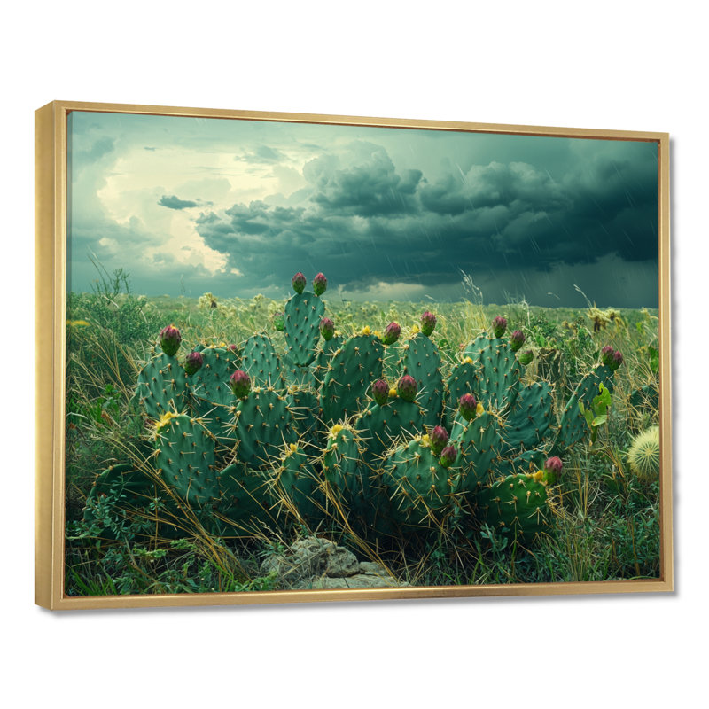 Cactus et la tempête du désert - art mural cactus, Cadre flottant, H 16 po x l 32 po, Doré