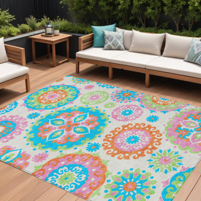 Tapis extérieur lavable à motif médaillon floral bleu sarcelle 10 pi x 14 pi