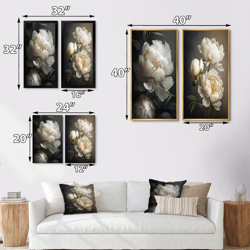 «Peony Flower III», 2 pièces sur toile, Cadre blanc, H 32 po x l 32 po